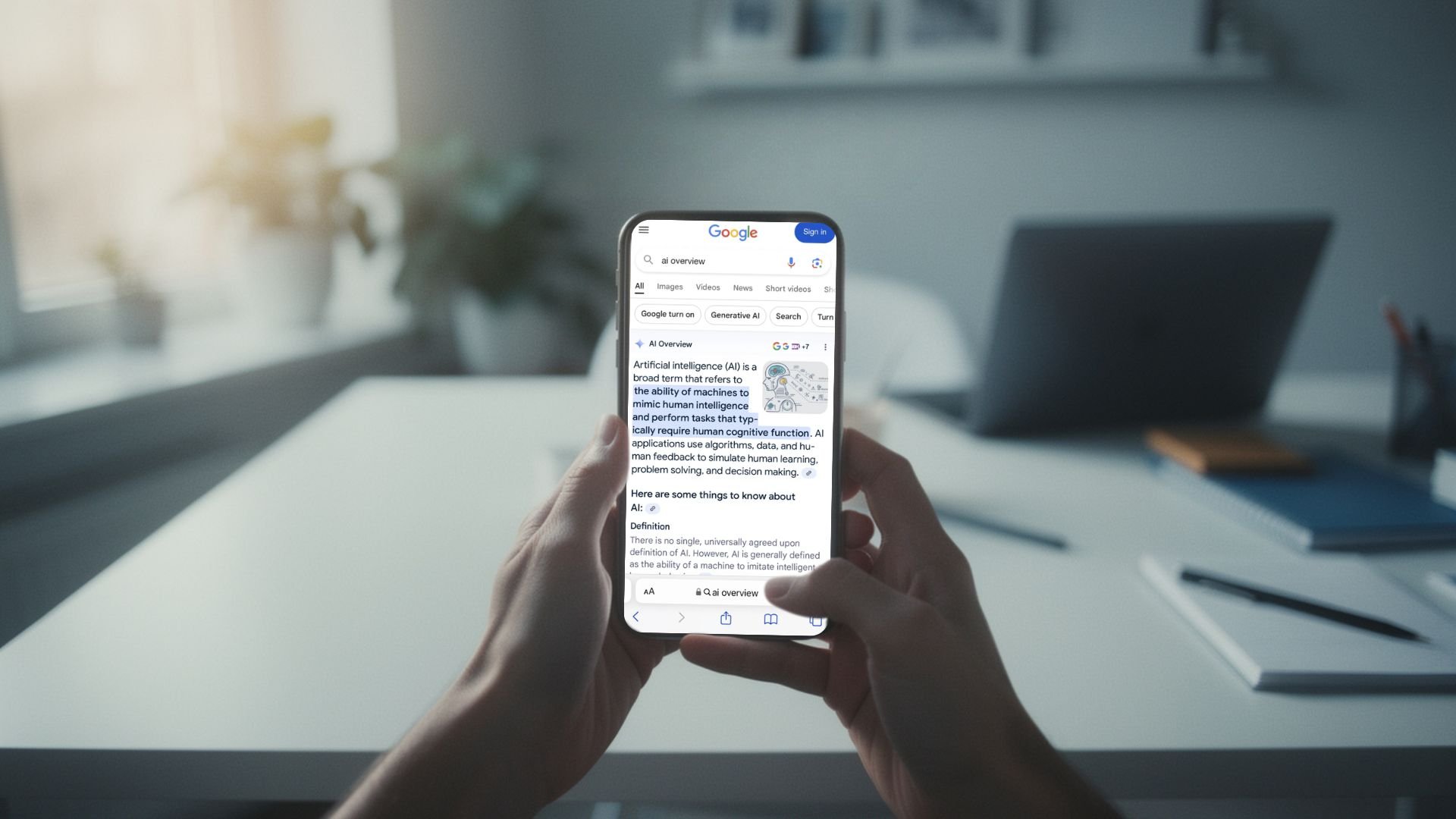 Un aperçu IA de Google affiché sur un smartphone : la réponse rédigée apparaît en haut de la page, avant les liens