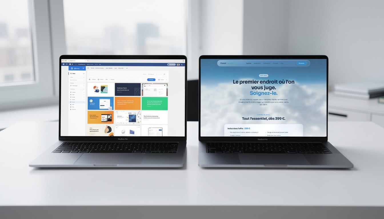 Comparaison entre un constructeur de site par modèles et un site vitrine sur-mesure, affichés côte à côte sur deux navigateurs
